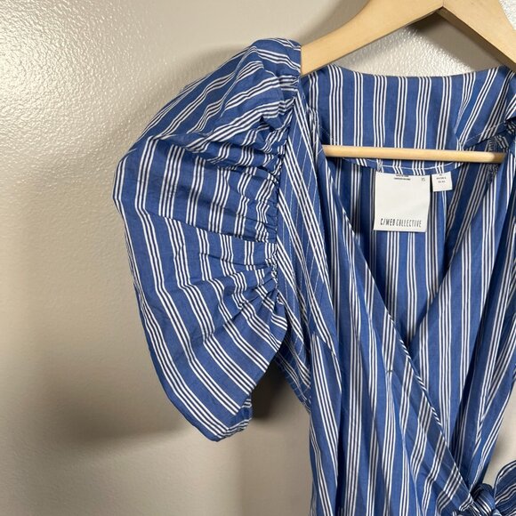 C/Meo Collective Motivations Stripe Mini Wrap Dress Size XS Blue Puff Sleeve - Picture 5 of 11